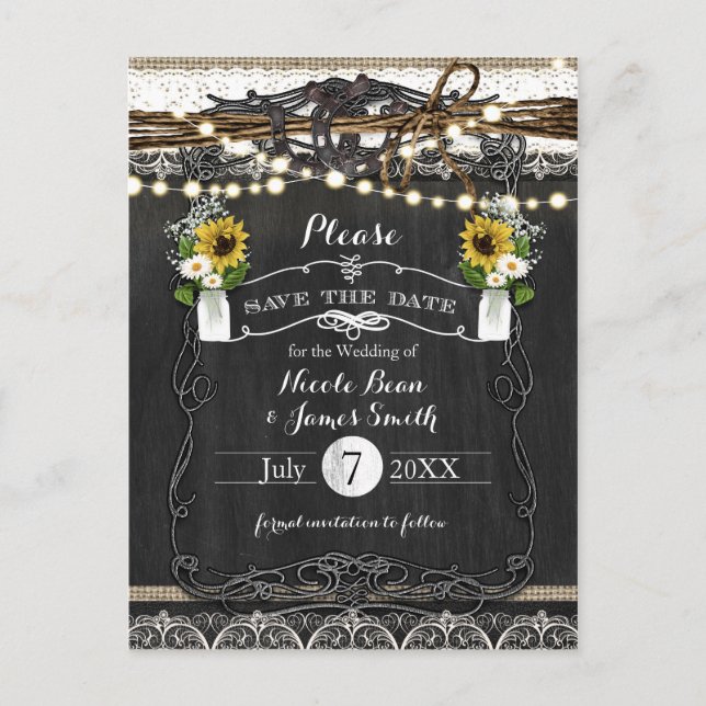 Rustic Horseshoes & Flowers Wedding Save the Date Announcement Postcard (Front)