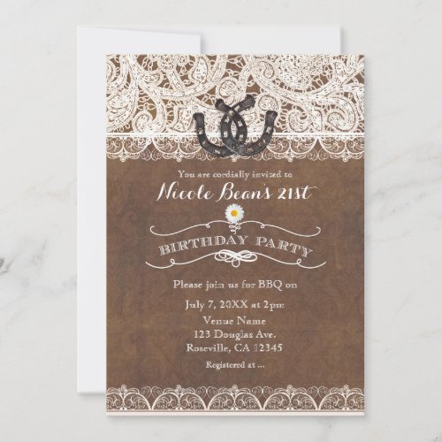 Rustic Horseshoes  Lace Country BIRTHDAY PARTY Invitation