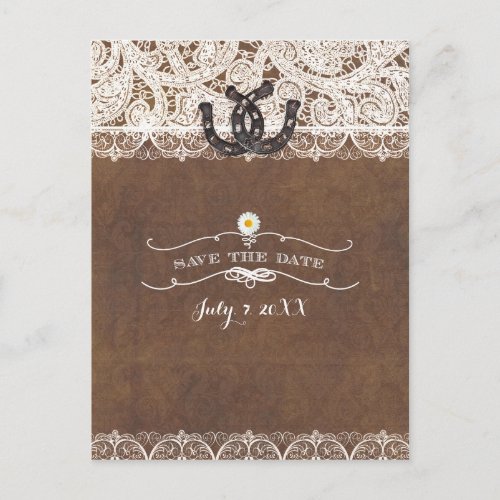 Rustic Horseshoes  Lace Country SAVE THE DATE Announcement Postcard