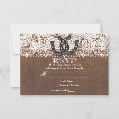 Rustic Horseshoes  Lace Country Wedding RSVP card