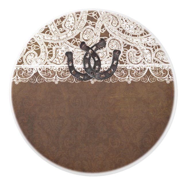 Rustic Horseshoes & Lace Country Western Elegant Ceramic Knob (Front)
