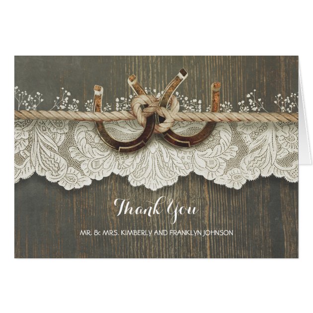 Rustic Horseshoes Lace Wood Wedding Thank You Card