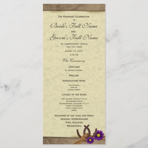 Rustic Horseshoes Purple Daisy Wedding Program