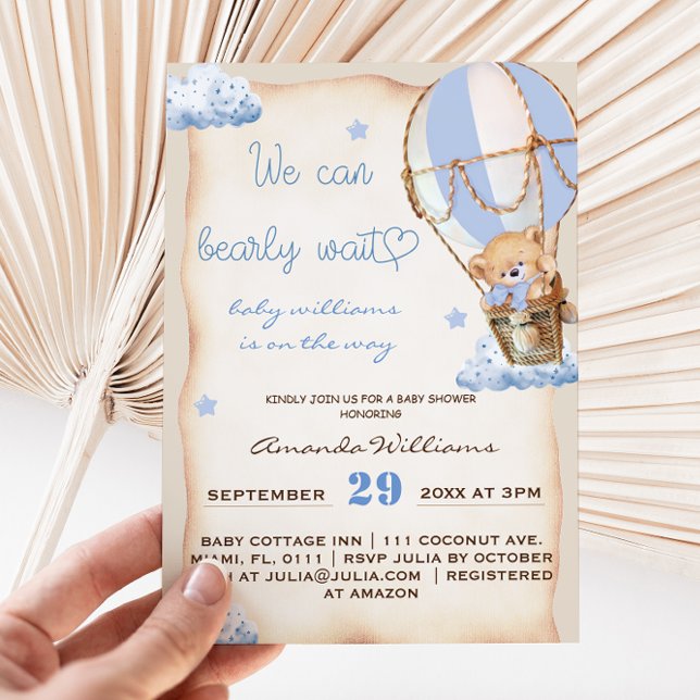 Rustic Hot Air Balloon Bear Baby Boy Shower Invitation (Creator Uploaded)