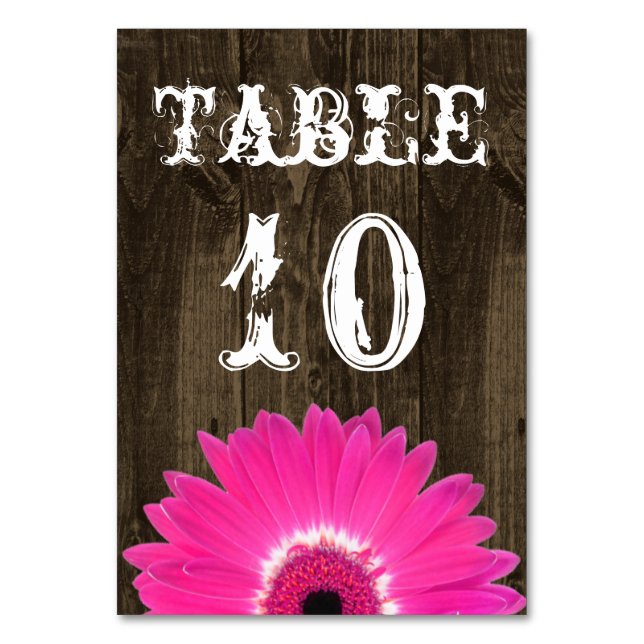 Rustic Hot Pink Daisy Wedding Table Number Card (Front)