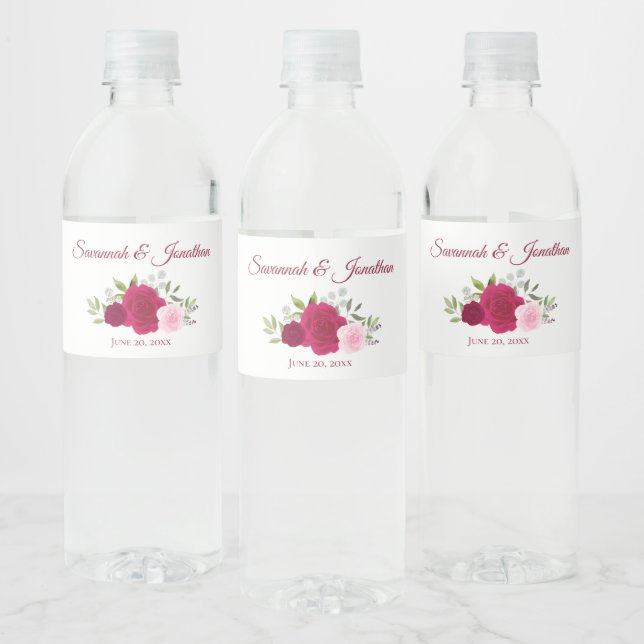 Rustic Hot Pink Magenta & Blush Roses Wedding Water Bottle Label (Bottles)