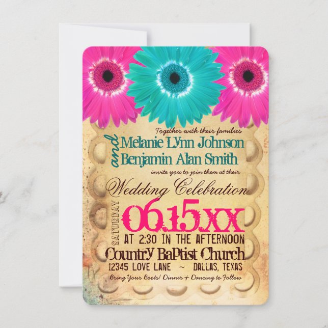 Rustic Hot Pink Teal Daisies Wedding Invitations (Front)
