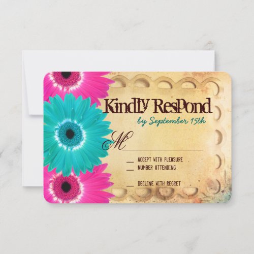 Rustic Hot Pink Teal Daisies Wedding RSVP Cards