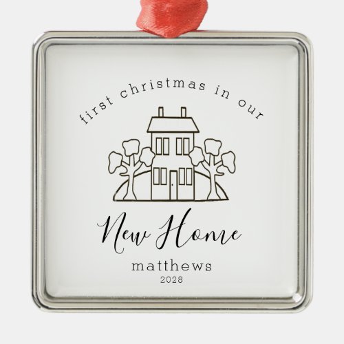 Rustic House and Trees First Christmas New Home   Metal Ornament