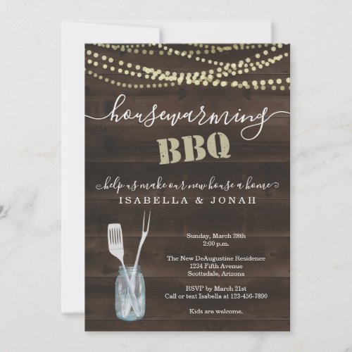 Rustic Housewarming BBQ Party Invitation - BBQ utensils and a mason jar depicting your wonderfully rustic BBQ housewarming celebration.
