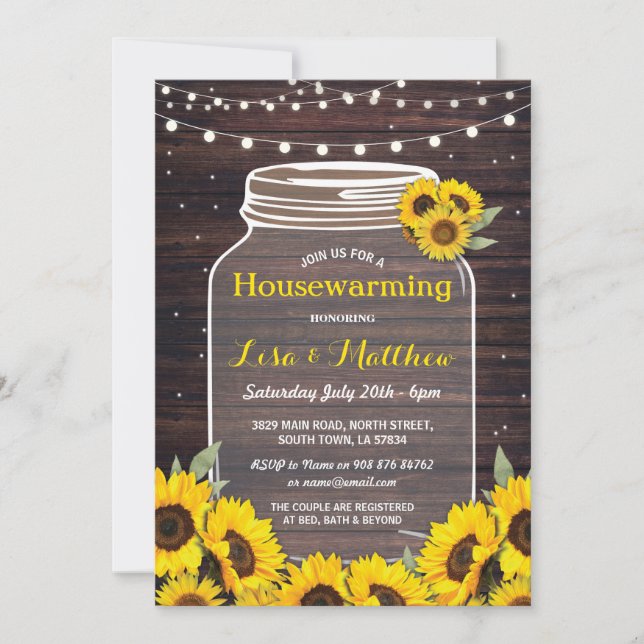 Rustic Housewarming Jar Wood Sunflower Fireflies Invitation (Front)