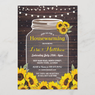 Rustic Housewarming Jar Wood Sunflower Fireflies Invitation