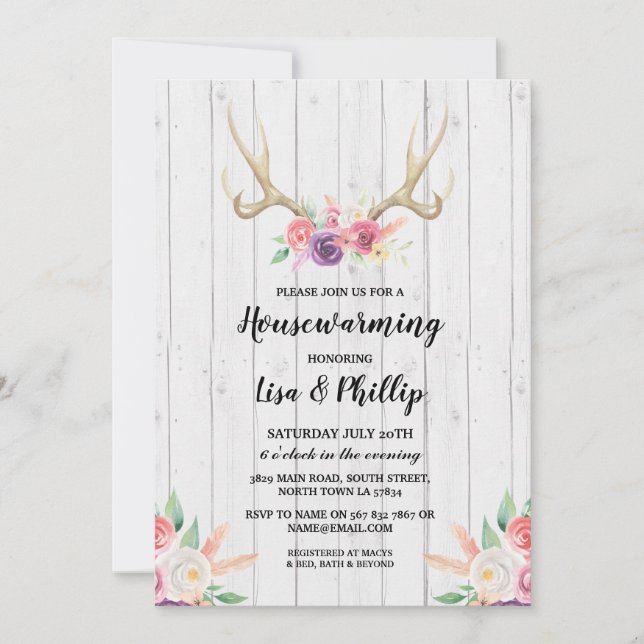 Rustic Housewarming Party Antler Floral Invite (Front)