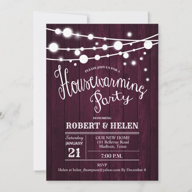 Rustic Housewarming Party, Burgundy Maroon Marsala Invitation (Front)