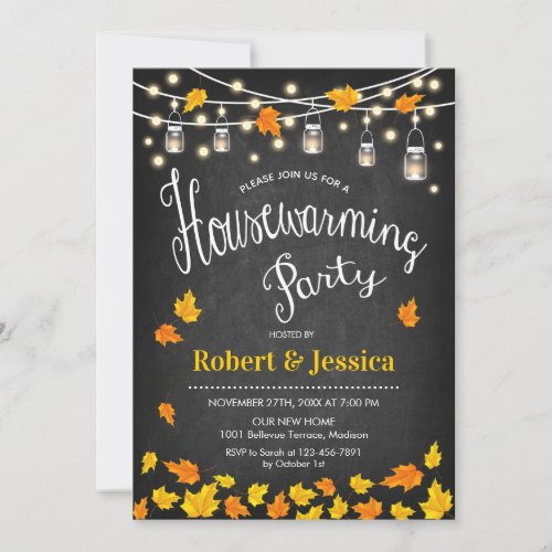 Rustic Housewarming Party _ Chalkboard Fall Leaves Invitation