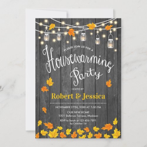 Rustic Housewarming Party _ Gray Wood Fall Leaves Invitation