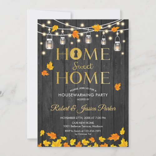 Rustic Housewarming Party _ Gray Wood Fall Leaves Invitation