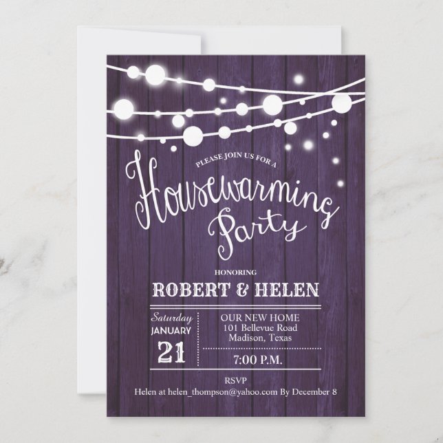 Rustic Housewarming Party - Purple Wood Pattern Invitation (Front)