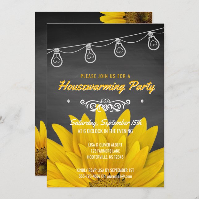 Rustic Housewarming Party Sunflowers Chalkboard Invitation (Front/Back)