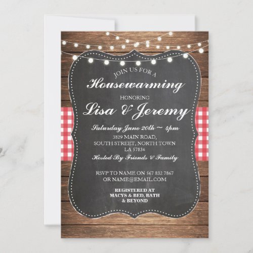 Rustic Housewarming Red Gingham Chalk Invite