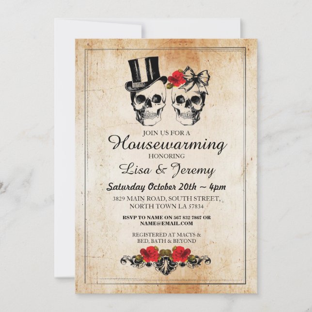 Rustic Housewarming Rose Skulls Invite Halloween (Front)