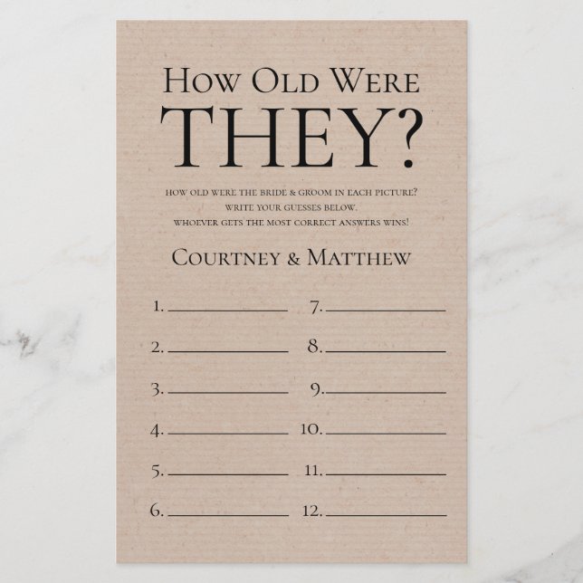 Rustic How Old Were They Bridal Shower Game (Front)