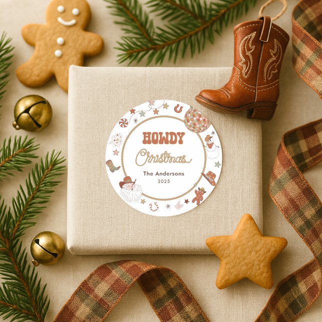 Rustic Howdy Western Christmas Classic Round Sticker (Creator Uploaded)