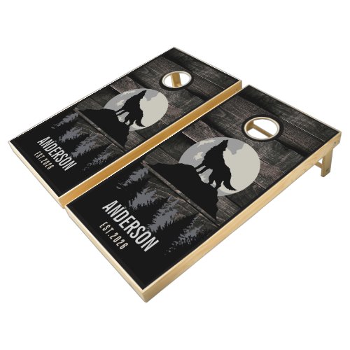 Rustic Howling Wolf Moon Monogrammed Wood Cornhole Set