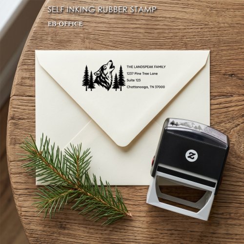 Rustic Howling Wolf & Pine Trees Return Address Self-inking Stamp