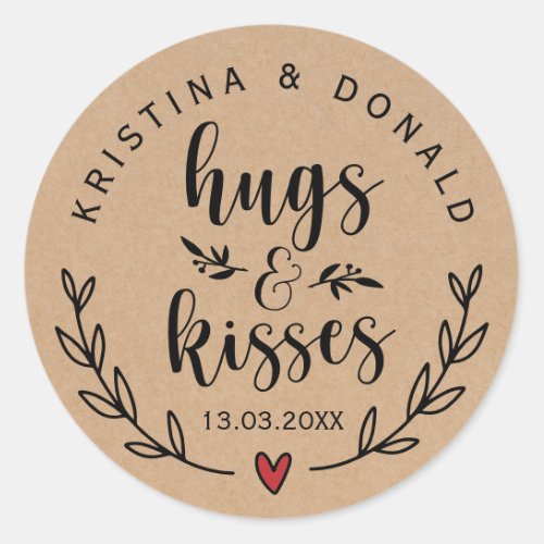 Rustic Hugs  Kisses Wedding  Bridal Shower  Clas Classic Round Sticker
