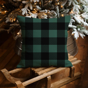Rustic Hunter Green Black Buffalo Plaid Christmas Throw Pillow