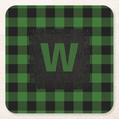 Rustic Hunter Green Black Buffalo Plaid Monogram Square Paper Coaster