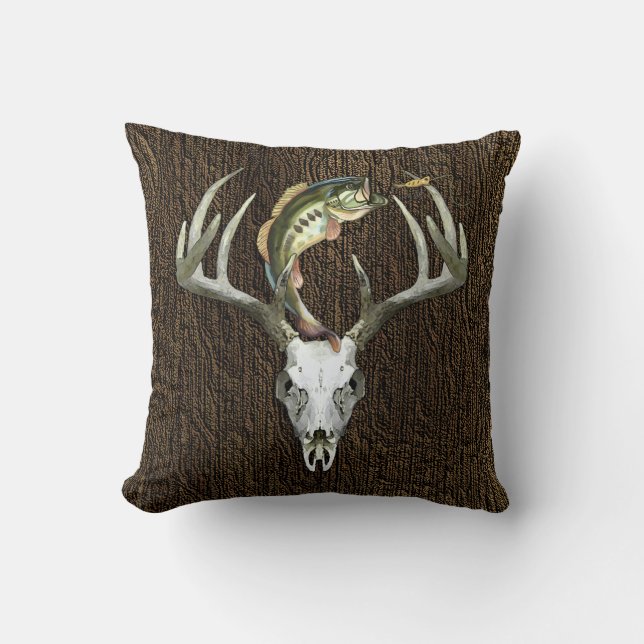 Rustic Hunting Antlers Fishing Throw Pillow (Front)