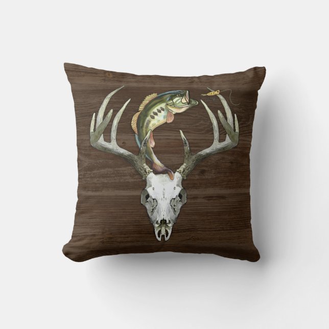 Rustic Hunting Antlers Fishing Throw Pillow (Front)