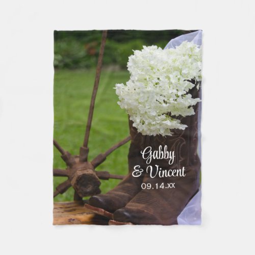 Rustic Hydrangea and Cowboy Boots Western Wedding Fleece Blanket