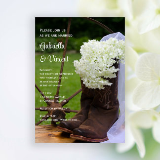 Rustic Hydrangea and Cowboy Boots Western Wedding Invitation