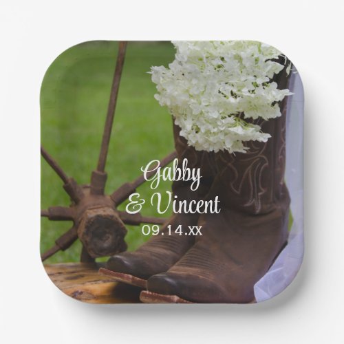 Rustic Hydrangea and Cowboy Boots Western Wedding Paper Plates