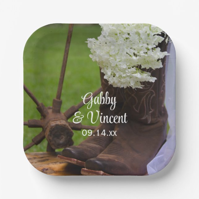 Rustic Hydrangea and Cowboy Boots Western Wedding Paper Plates (Front)