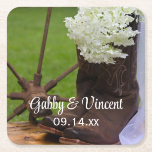 Rustic Hydrangea and Cowboy Boots Western Wedding Square Paper Coaster