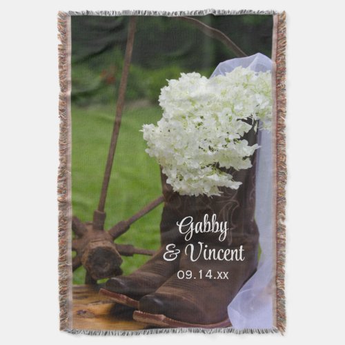 Rustic Hydrangea and Cowboy Boots Western Wedding Throw Blanket