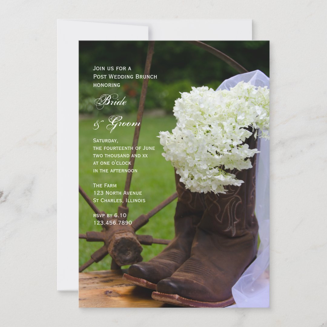 Rustic Hydrangea Boots Western Post Wedding Brunch Invitation | Zazzle