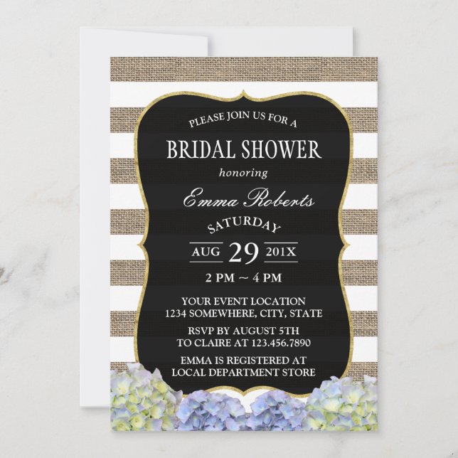 Rustic Hydrangea Burlap Stripes Bridal Shower Invitation (Front)
