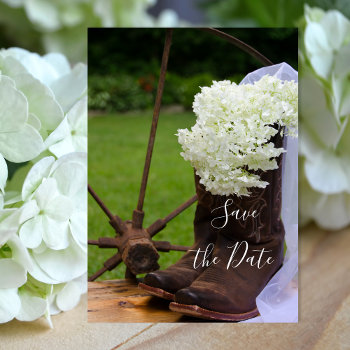 Rustic Hydrangea Cowboy Boots Save The Date by loraseverson at Zazzle