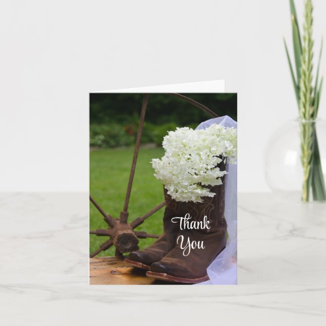 Rustic Hydrangea Cowboy Boots Wedding Thank You (Front)