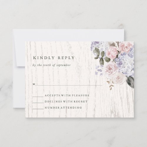 Rustic Hydrangea Floral  White Wood Wedding RSVP Card
