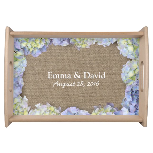 Rustic Hydrangea Flowers Frame Burlap Wedding Serving Tray (Front)