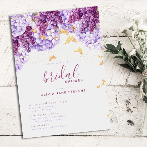 Rustic Hydrangea Lilac Butterflies Bridal Shower Invitation