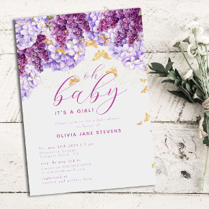 Rustic Hydrangea Lilac Butterfly Girl Baby Shower Invitation