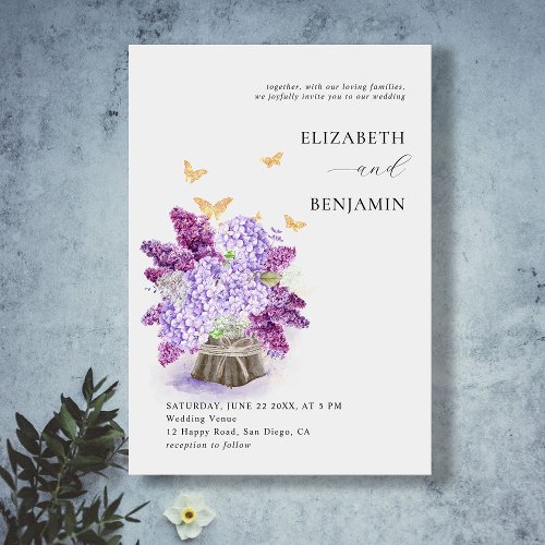 Rustic Hydrangea Lilac Butterfly Gold Chic Wedding Invitation