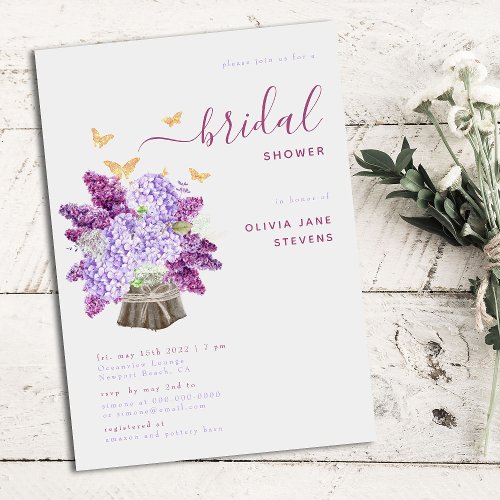 Rustic Hydrangea Lilac Elegant Boho Bridal Shower Invitation
